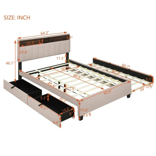 Upholstered Platform Bed With Storage Headboard And USB Ports