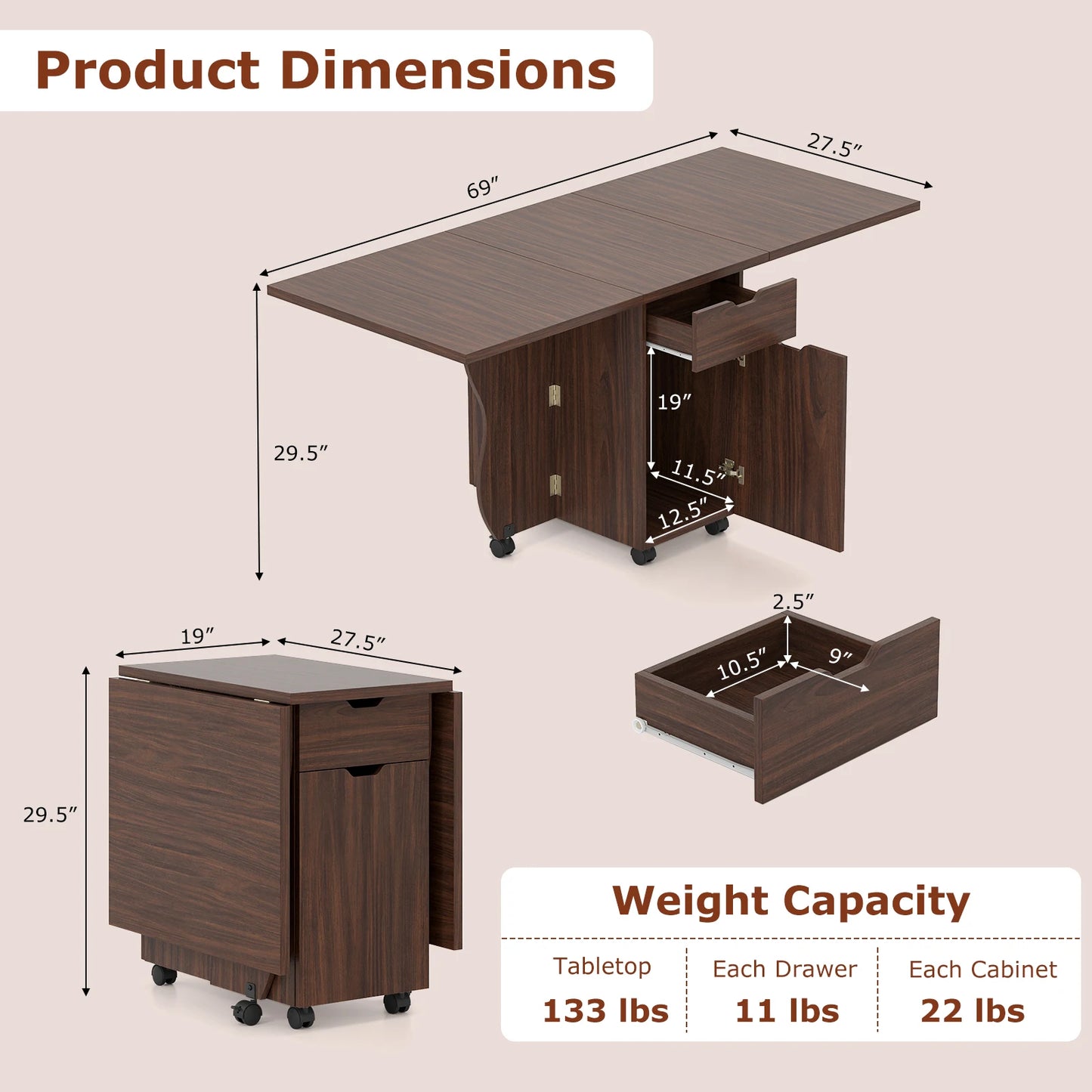 HOMASIS Folding Dining Table With Lockable Wheels Drawers And Cabinets