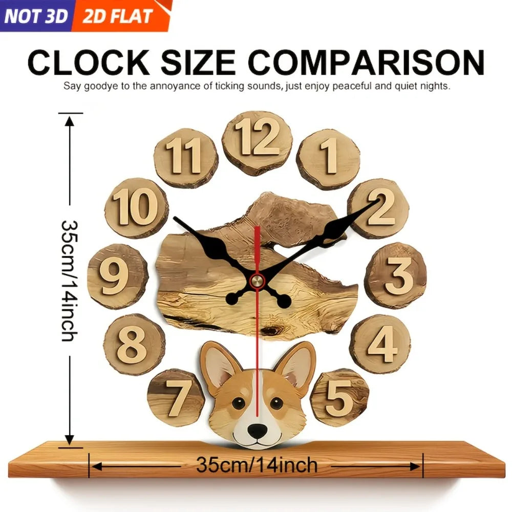 Corgi Themed Wooden Wall Clock Silent Decorative 2D Print