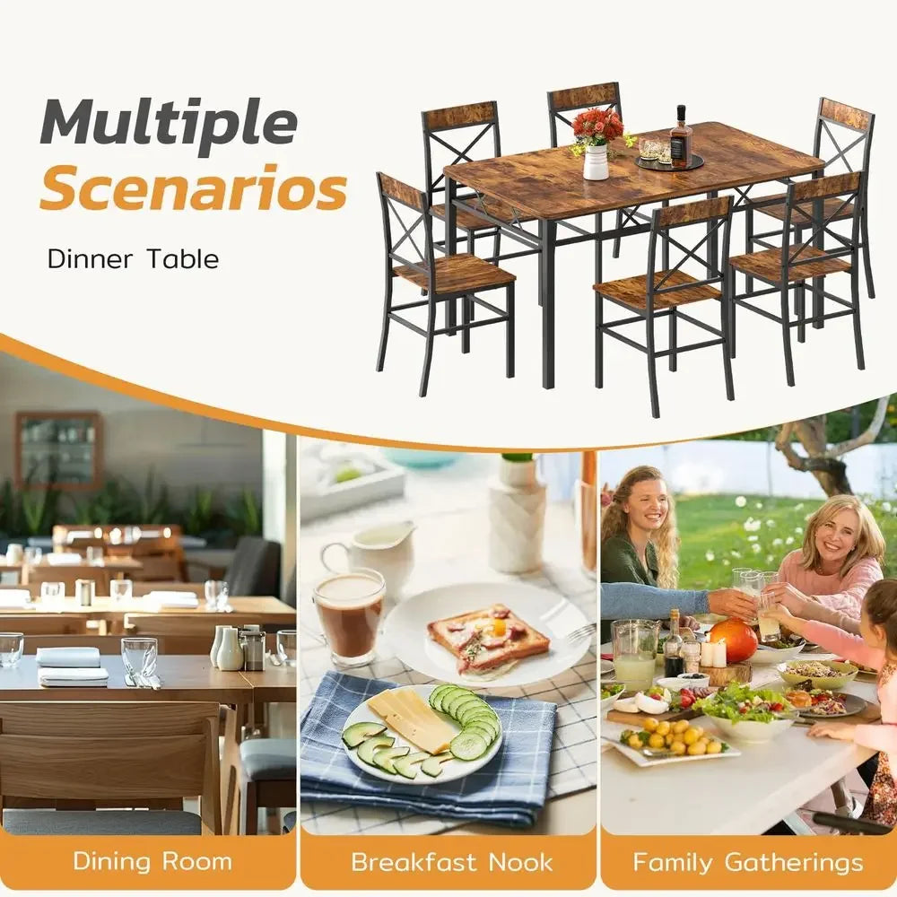 XMSJ 7 Piece Dining Table Set With 6 Chairs Farmhouse