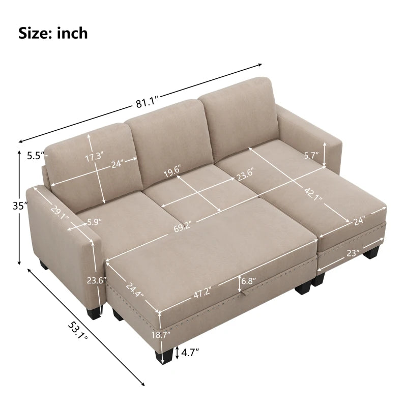 Reversible Sectional Sofa With Storage Chaise Three Piece Set Nailhead Linen