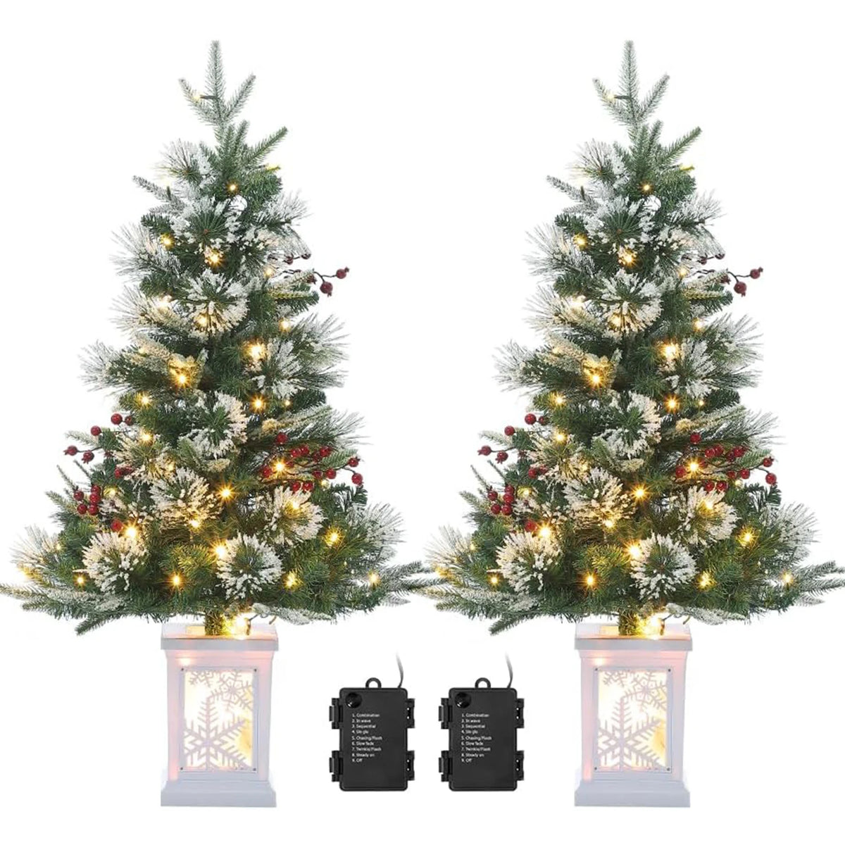 HiMISS Two Piece Prelit Flocked Christmas Trees With Potted Bases