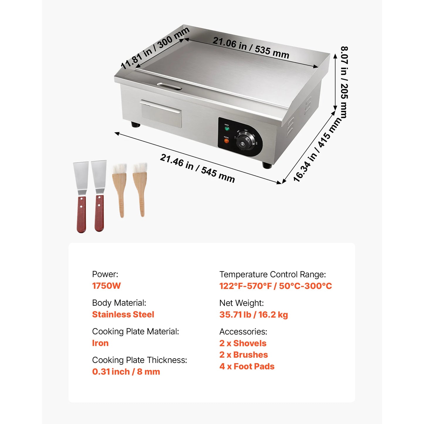 VEVOR Commercial Electric Countertop Griddle Temperature 122 To 570 Fahrenheit