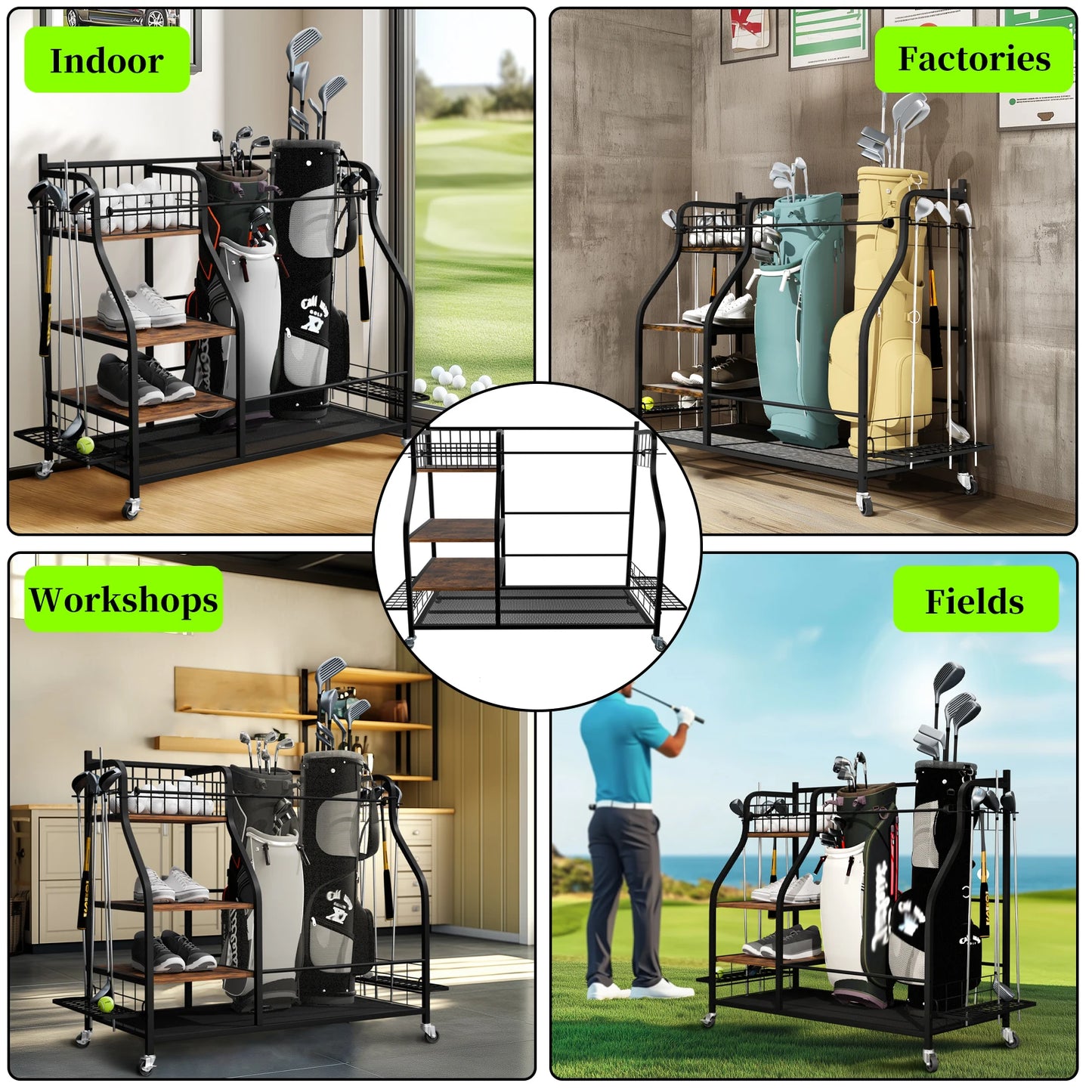 Rolling Golf Storage Rack Garage Organizer With Lockable 360 Degree Wheels