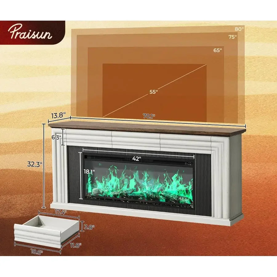 Electric Fireplace TV Stand Farmhouse Entertainment Center For Large TVs