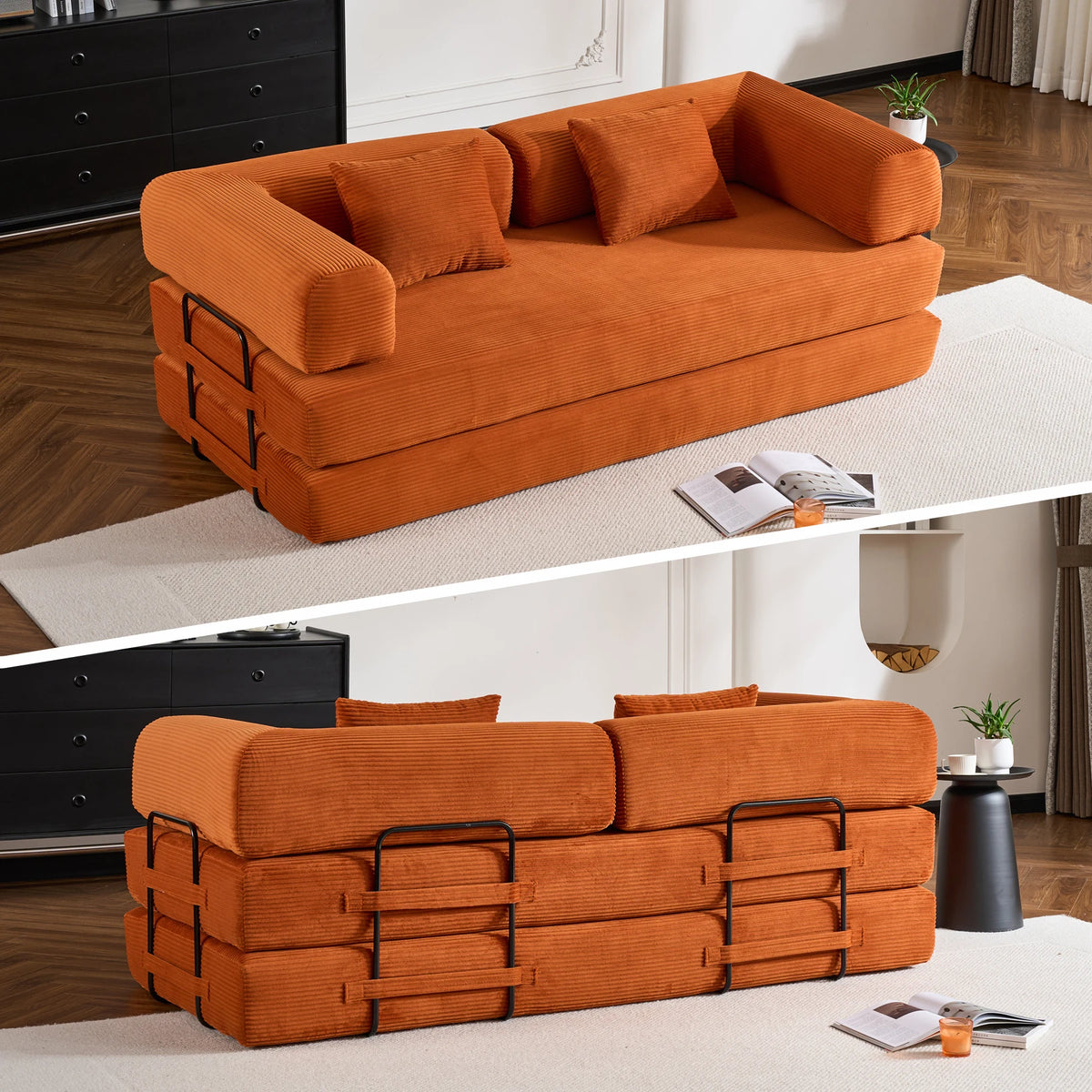 THOLASIS Folding Convertible Sofa Bed Oversized Corduroy Futon Floor Couch