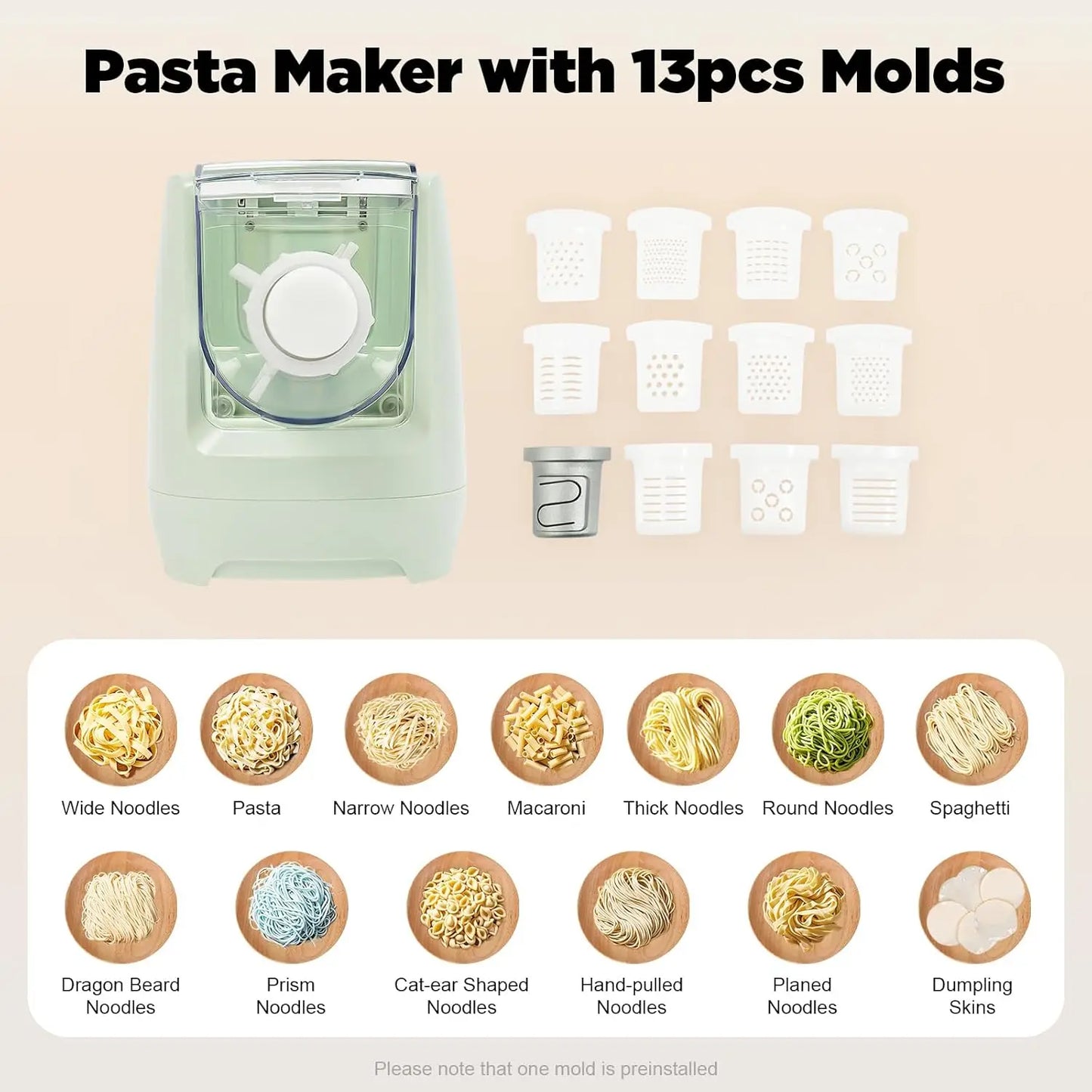 XMSJ Electric Pasta Maker 260W Automatic Noodle Machine With 13 Shapes Discs