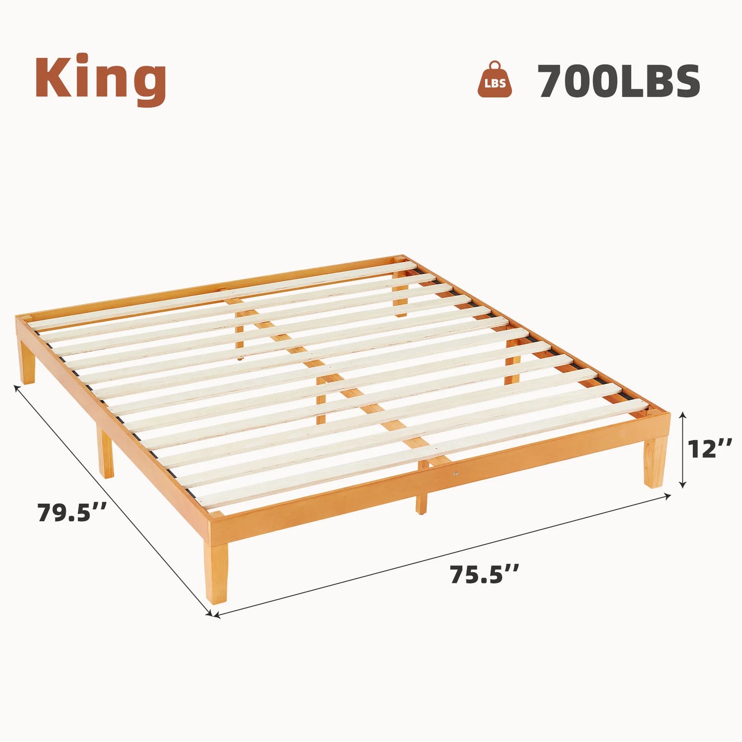JHK Solid Wood Bed Frame With Sturdy Slat Support EcoFriendly