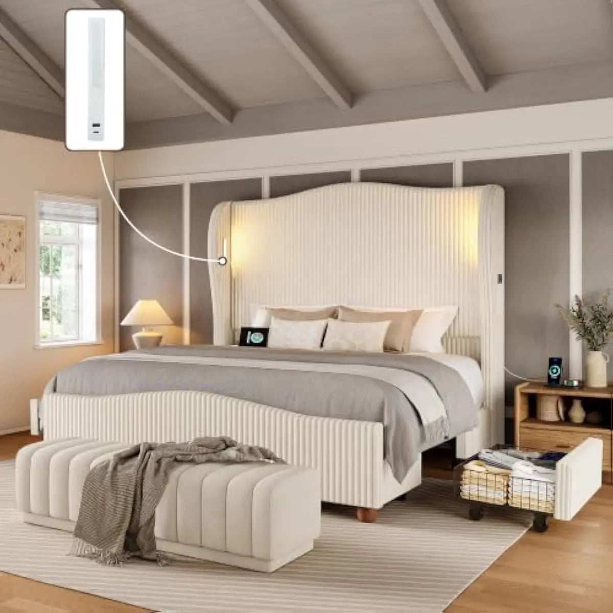 Upholstered Bed With Tall Wingback Headboard, LED Lighting And Storage