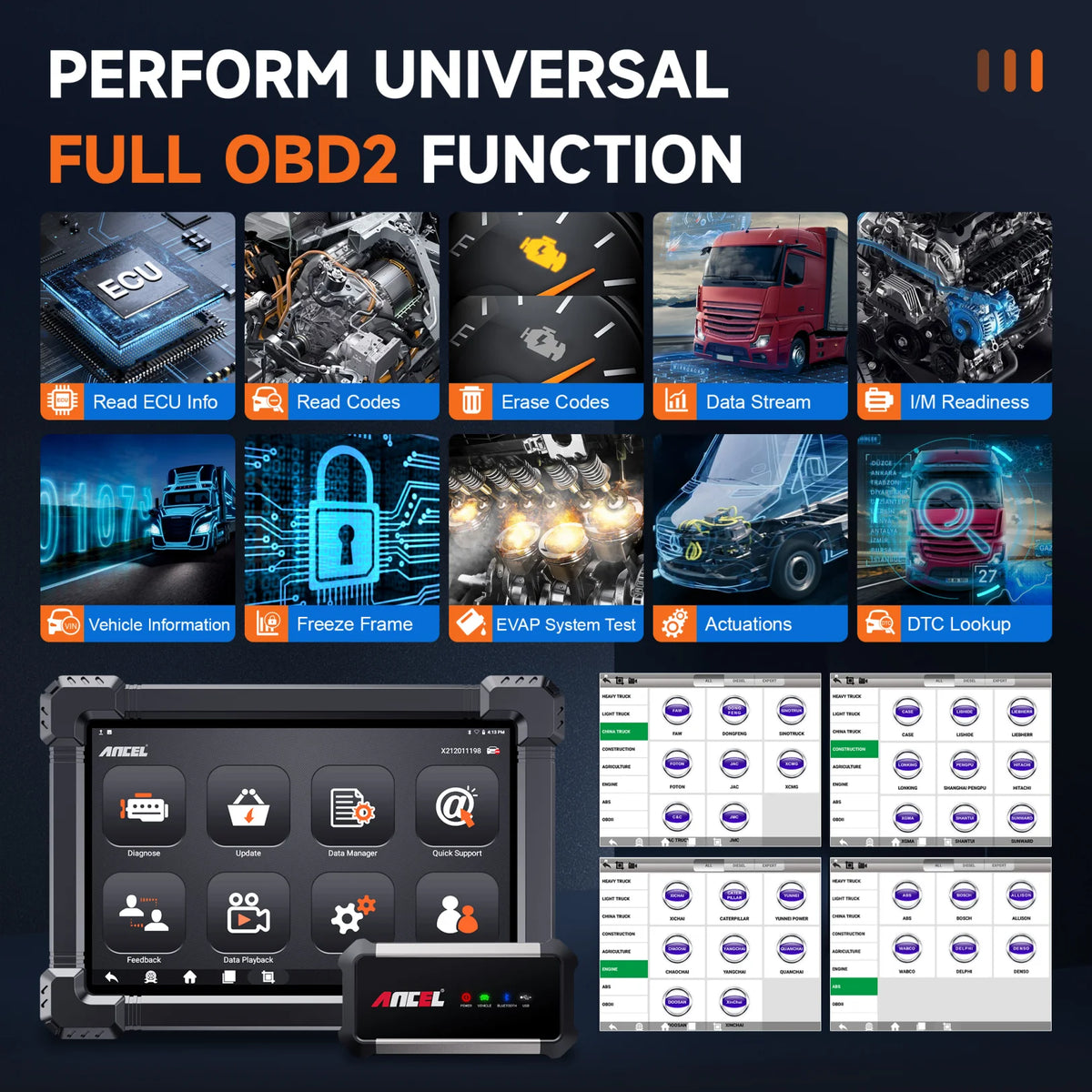 Ancel X7 HD Diesel Truck Diagnostic Scanner With ECU Coding
