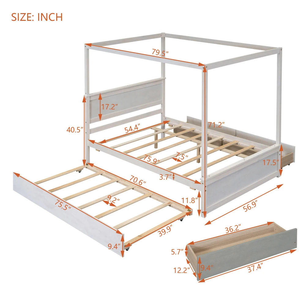 Solid Wood Canopy Bed With Trundle And Two Drawers
