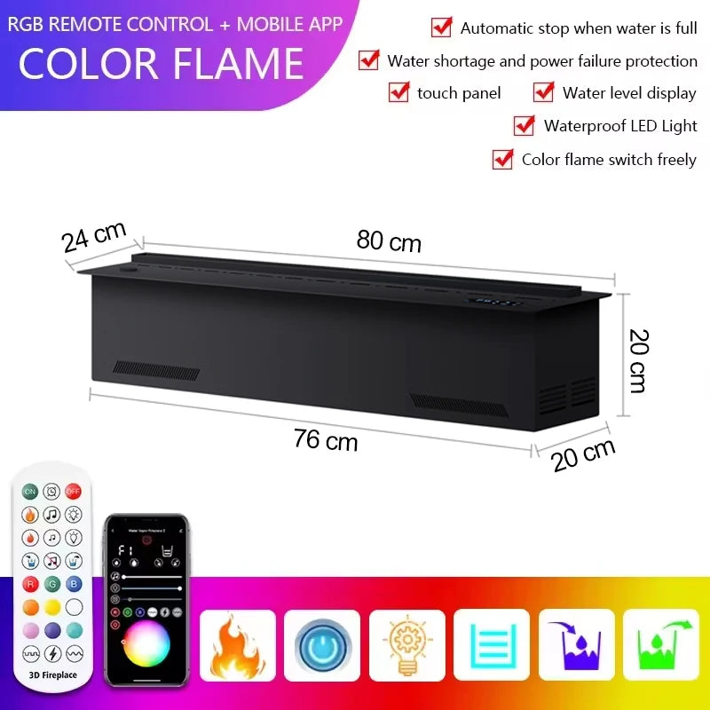 AFLYEVER Realistic 3D Multicolor Flame Electric Steam Fireplace with Tuya App