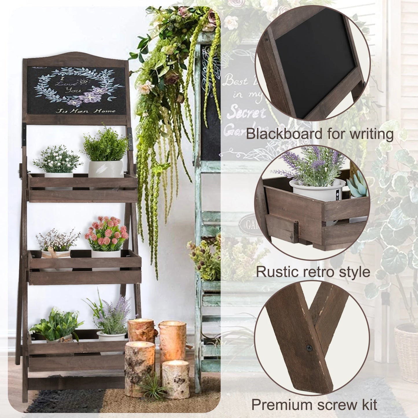 Folding Ladder 3 Tier Plant Stand Flower Pot Holder Chalkboard