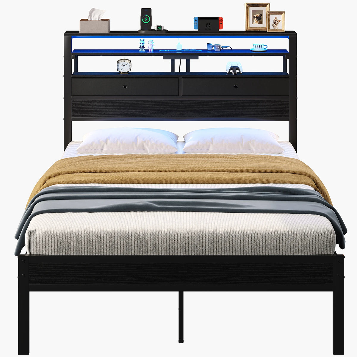 MCQ Metal Platform Bed Frame With Storage Headboard Charging Station