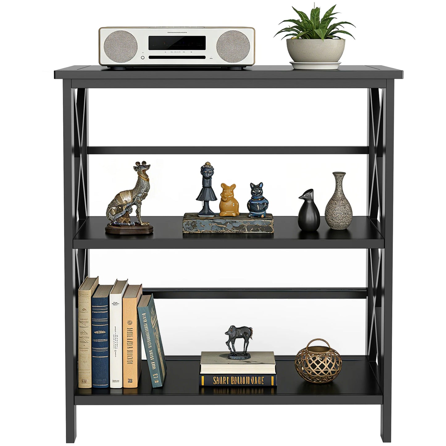 JHK 3 Tier Bookshelf with Wood Shelves and X Design