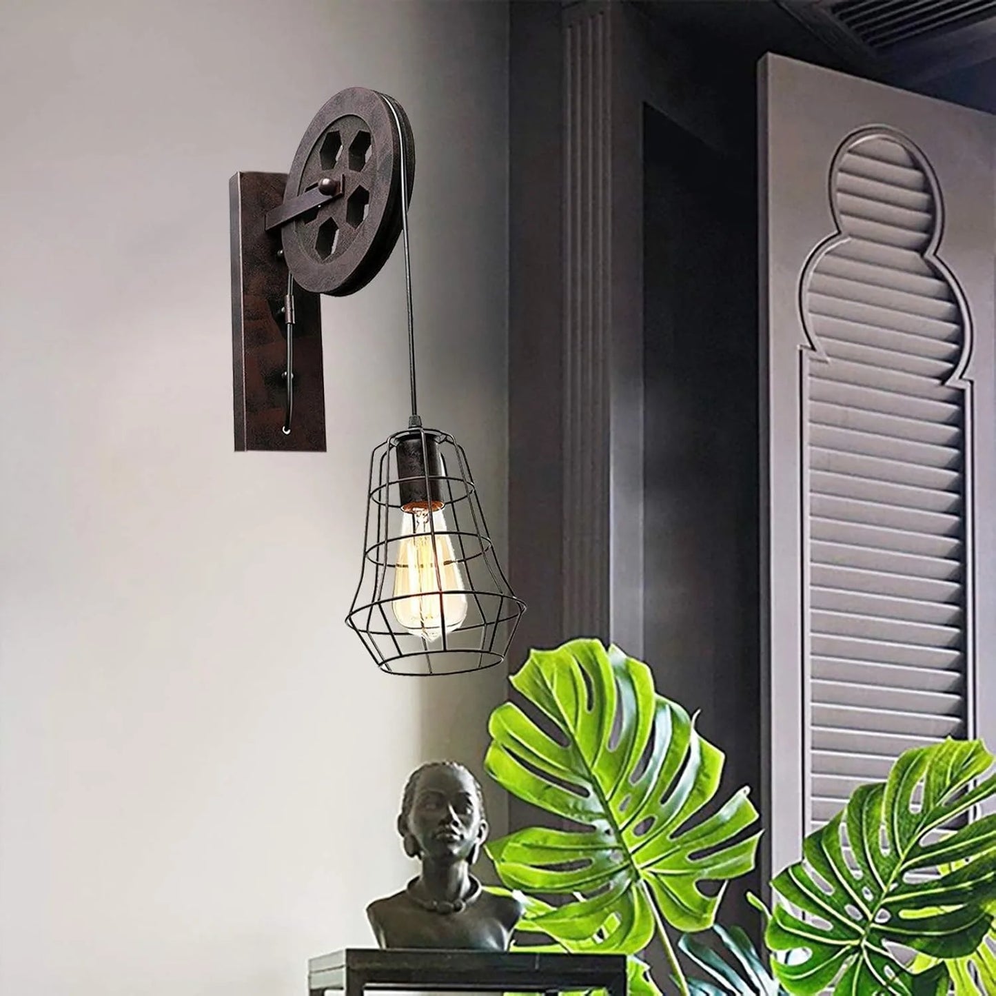Bymaocar Industrial Wall Sconce Lift Pulley Lamp With Iron Cage