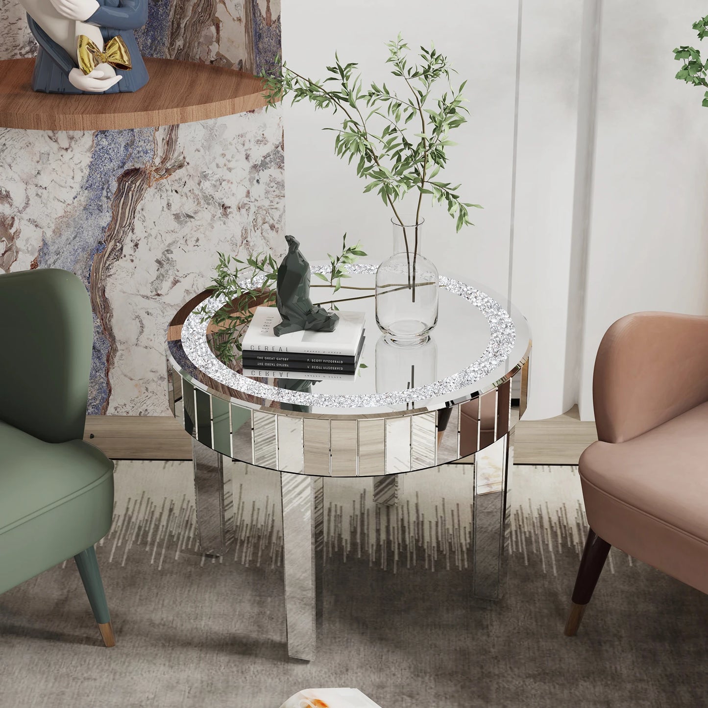Wisfor Round Mirrored Accent Table Crystal Mirror Legs Diamond Edge