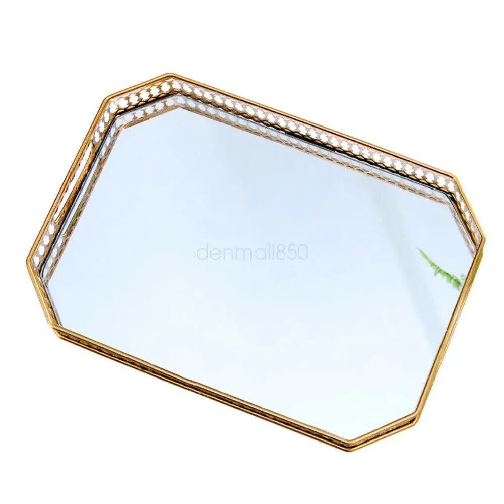 Vintage Metal Mirrored Vanity Tray For Makeup And Jewelry Storage