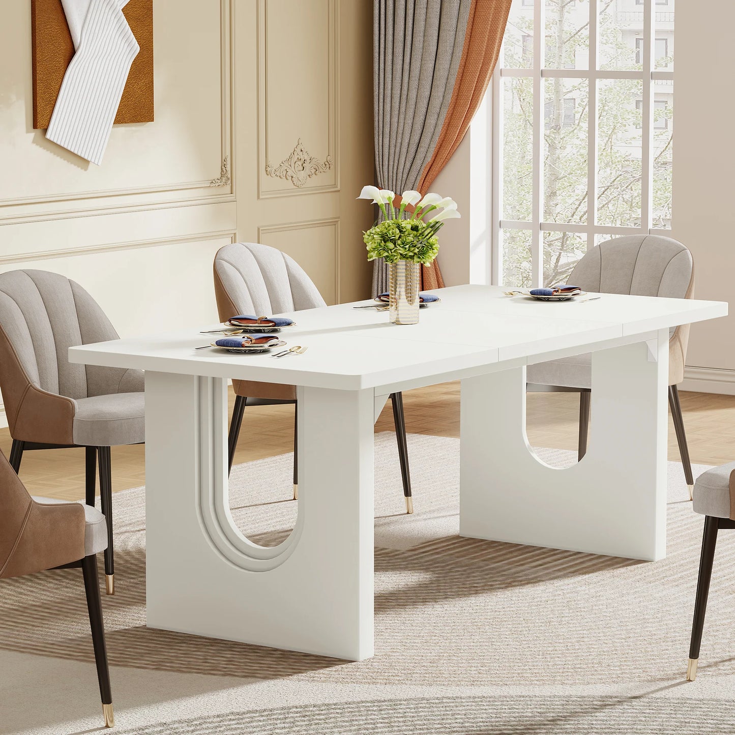 LITTLE TREE Modern Dining Table With Wood Pedestal Base
