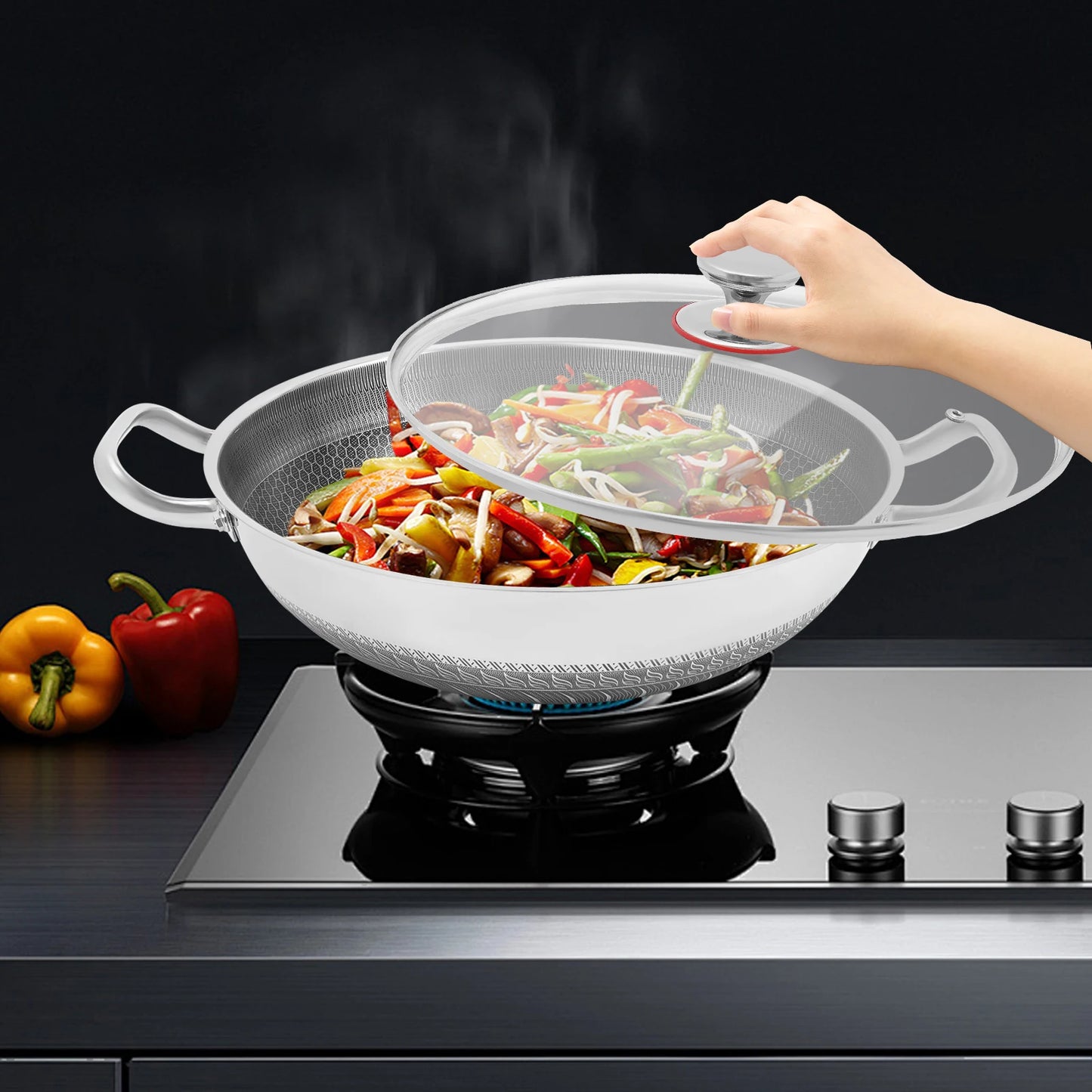 Stainless Steel Nonstick Wok Pan With Tempered Glass Lid For Open Flame