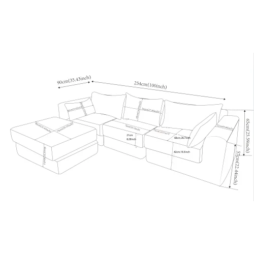 Modular L Shaped Upholstered Sectional Sofa With Five Pillows