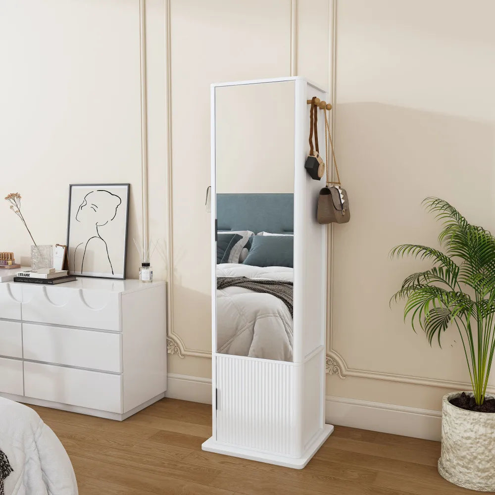 Rotating Mirror Jewelry Storage Cabinet With Shelves