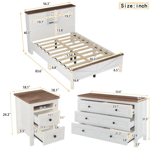 Farmhouse 3-Piece Bedroom Set With Platform Bed Storage Nightstand Dresser