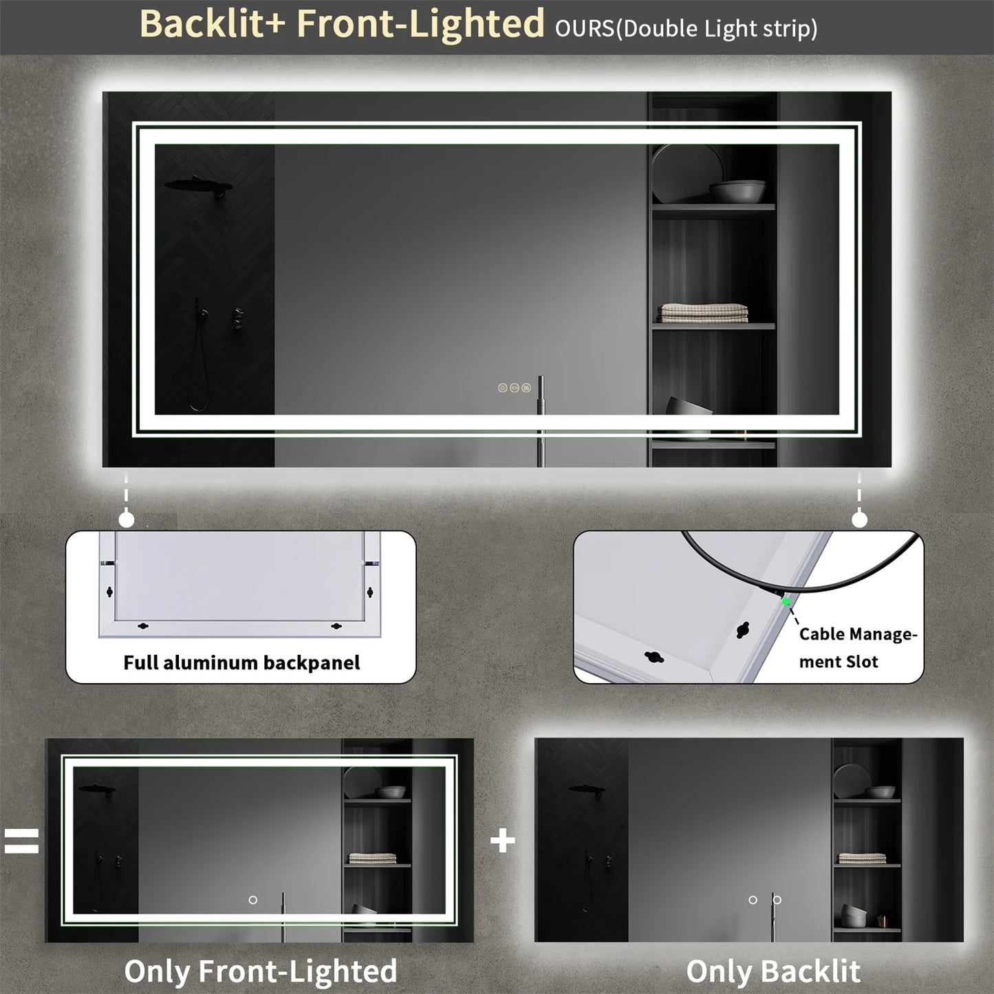 LED Backlit Bathroom Mirror Dual Lights AntiFog Memory Touch Button