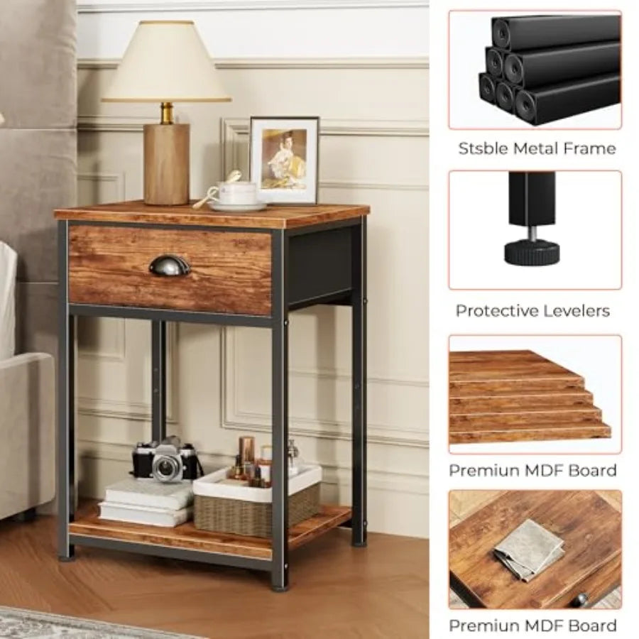 Retro Nightstand Set With Fabric Drawer And Storage Shelf