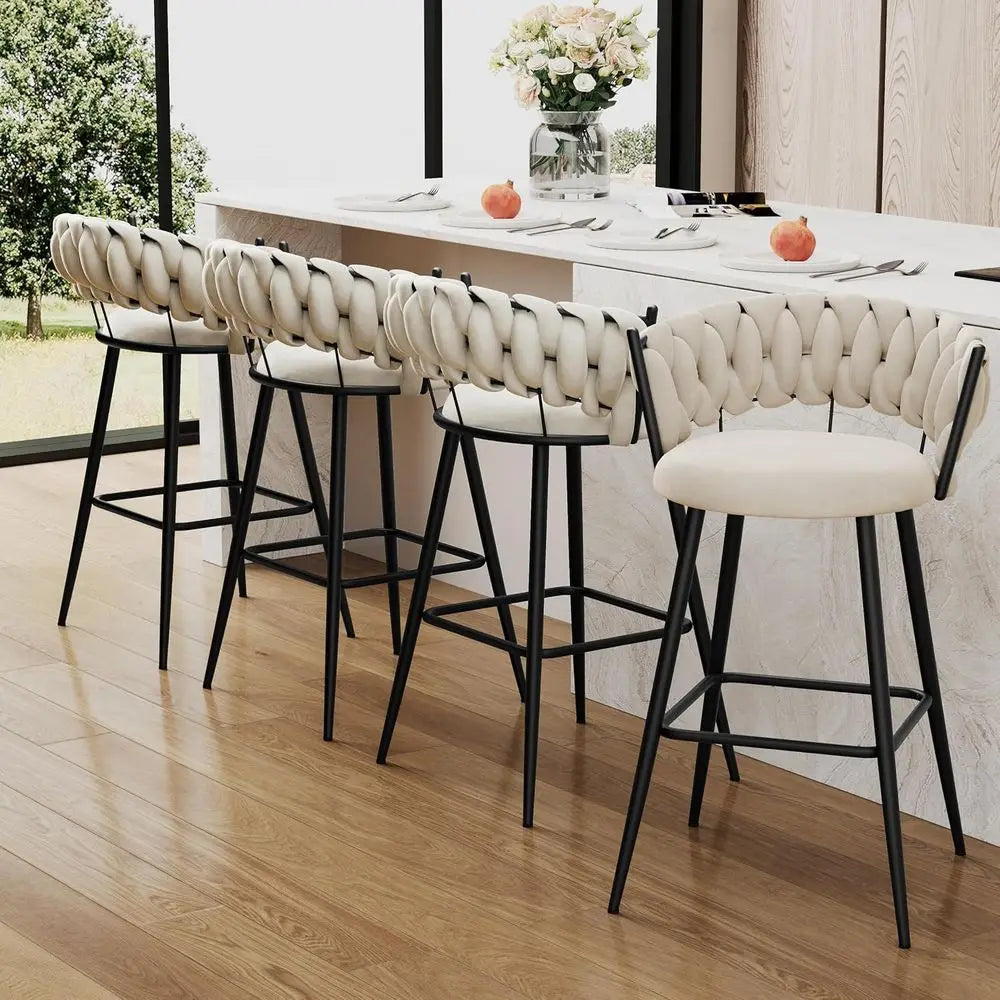 Metal Bar Stools Set of 4 Woven Backed Velvet Seating