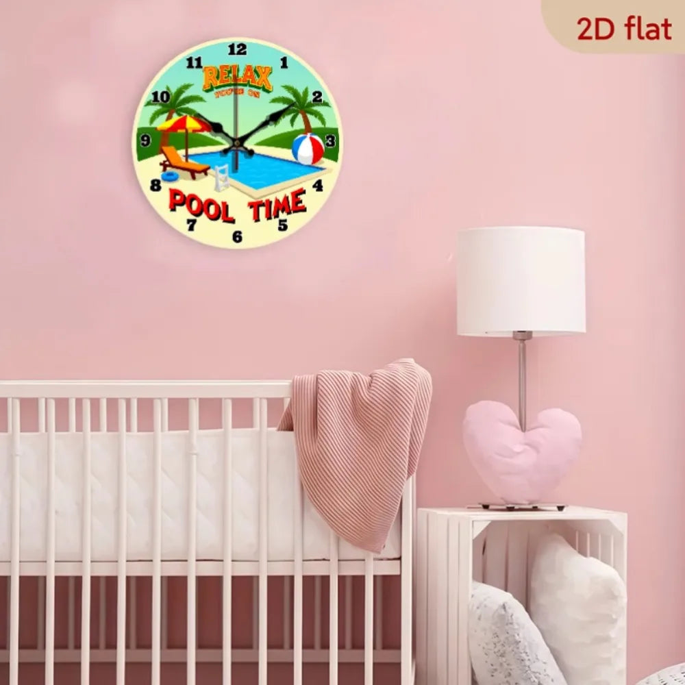 XMSJ Tropical Pool Time Wooden Wall Clock Silent Beach Decor