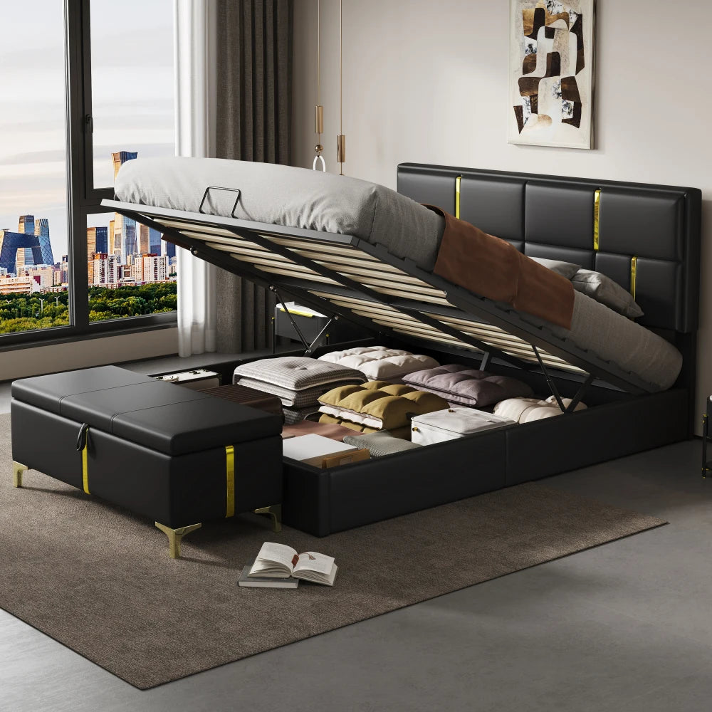 Modern Upholstered Platform Bed Set With Hydraulic Storage Ottoman