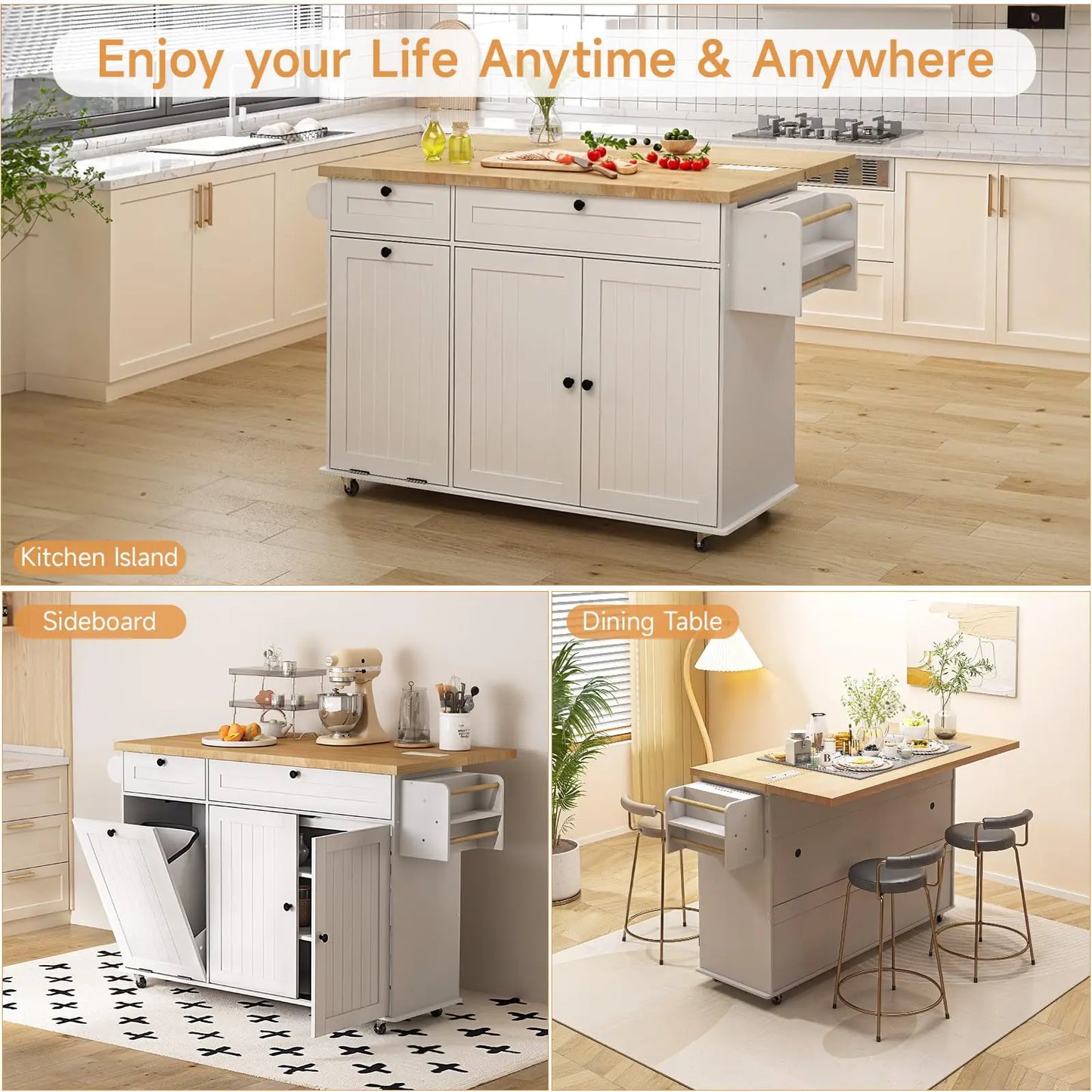 ONBRILL Mobile Kitchen Island With Drop Leaf Power Outlet Towel Rack