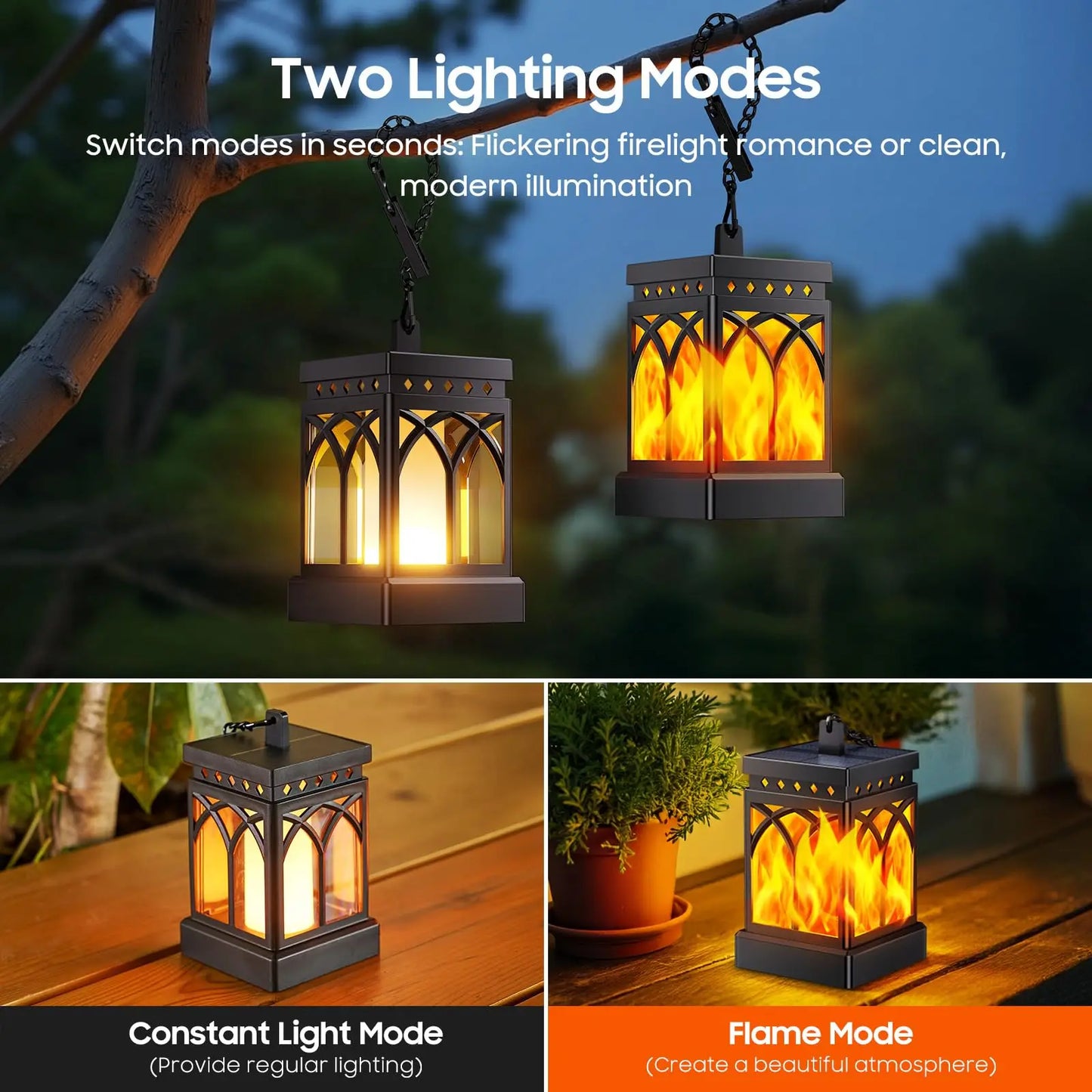 Outdoor Solar Lanterns Waterproof LED Hanging Lights Two Modes Auto On