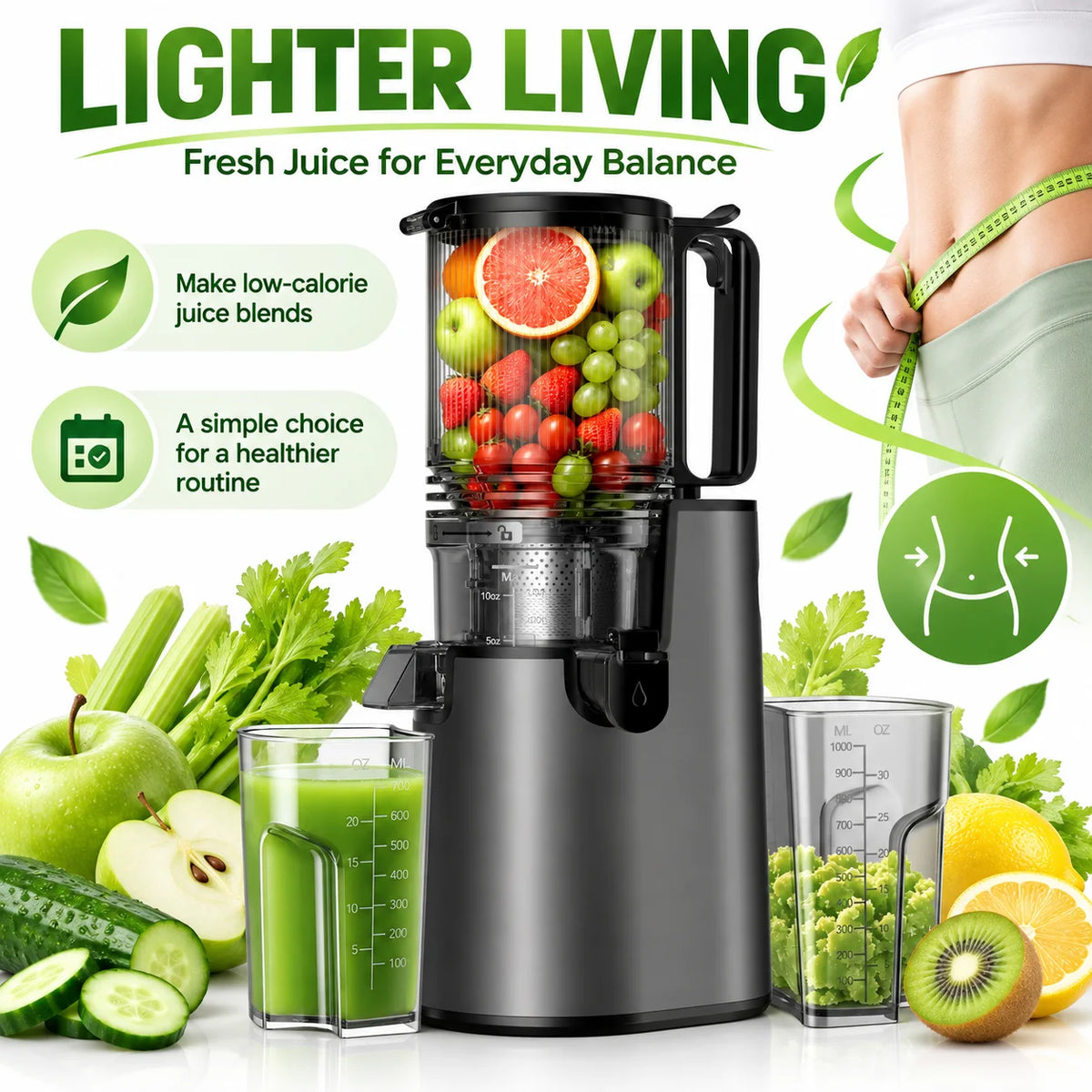 Cold Press Slow Masticating Juicer for Whole Fruits and Vegetables