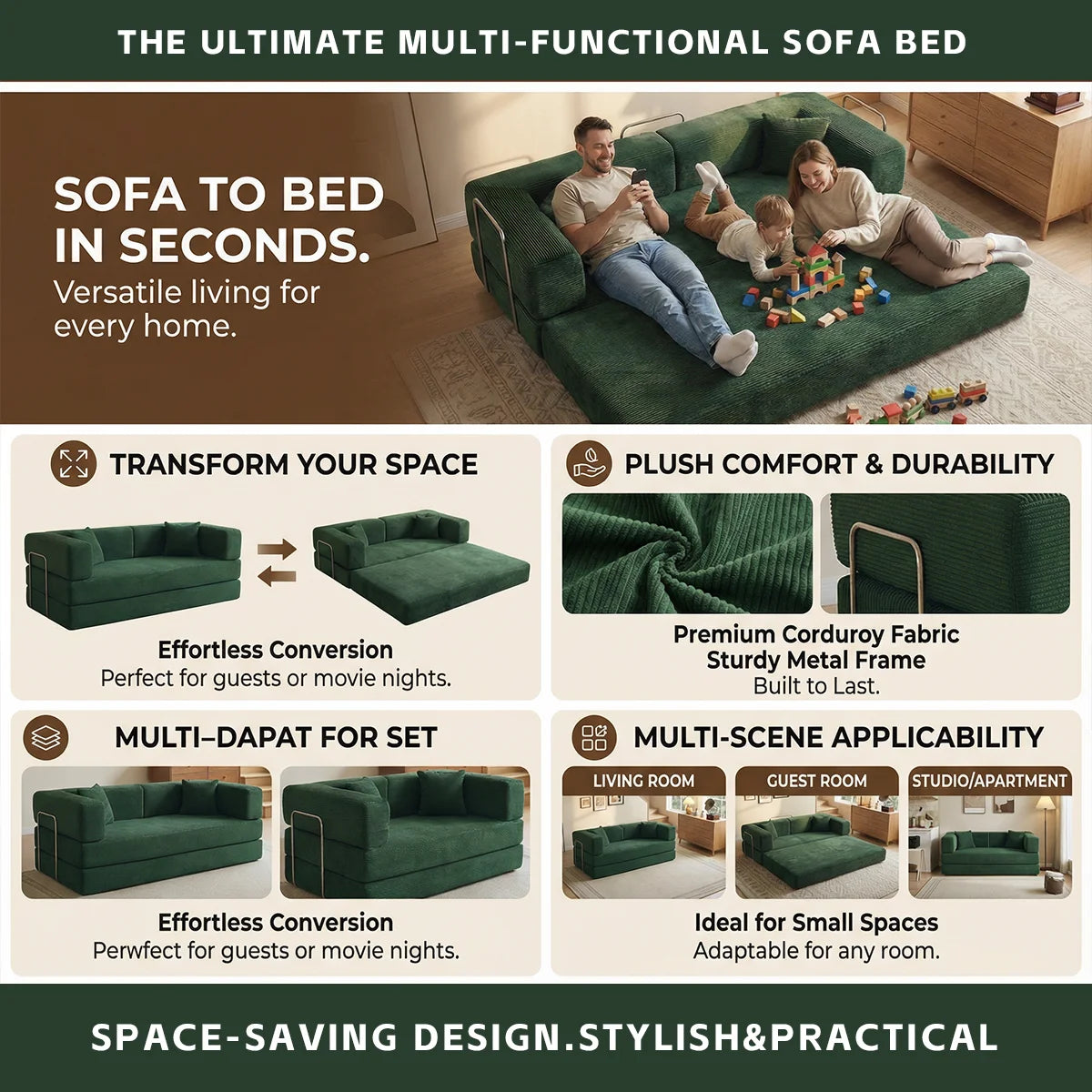 YQzyphyna Corduroy Futon Sofa Bed 4 In 1 Sleeper Loveseat