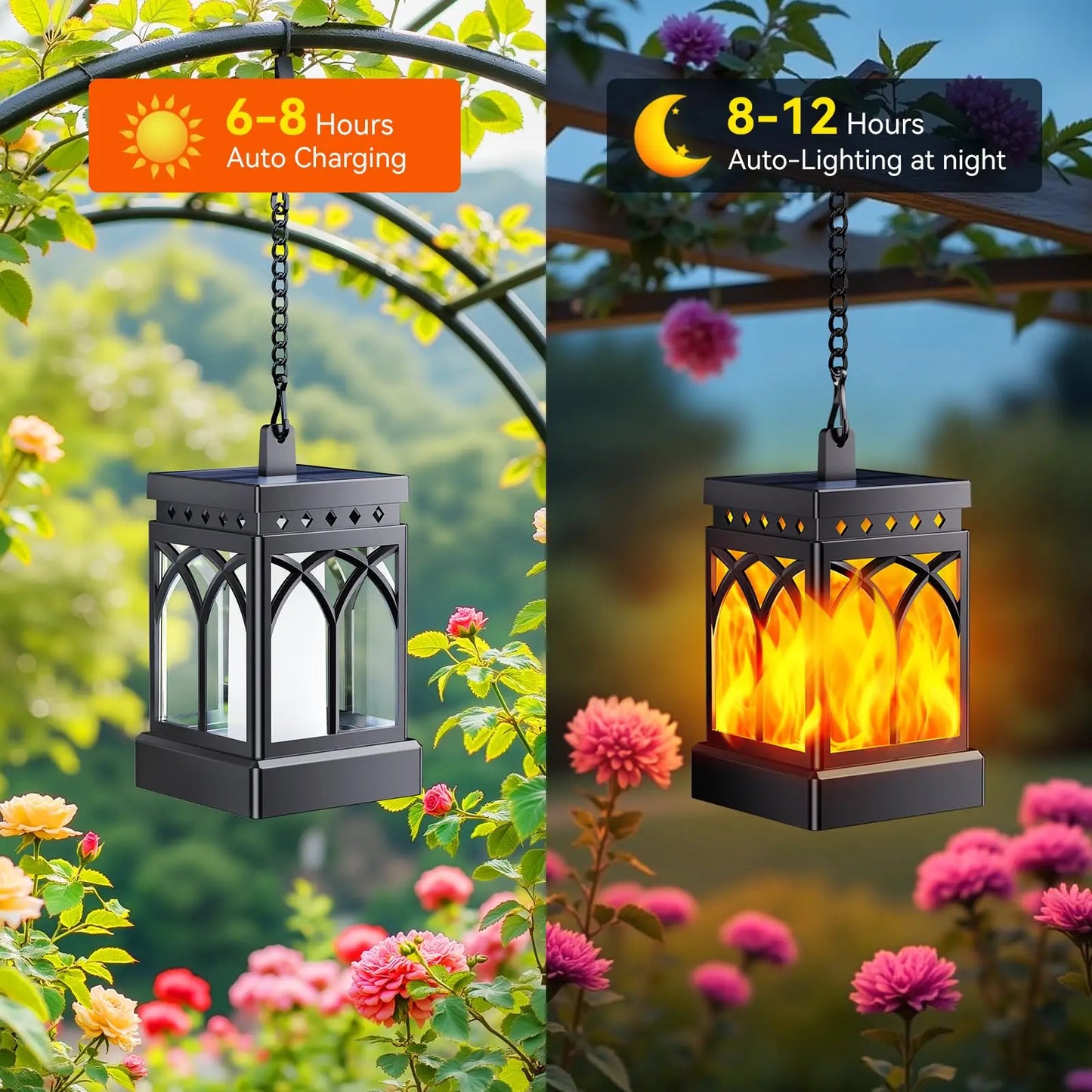 Outdoor Solar Lanterns Waterproof LED Hanging Lights Two Modes Auto On