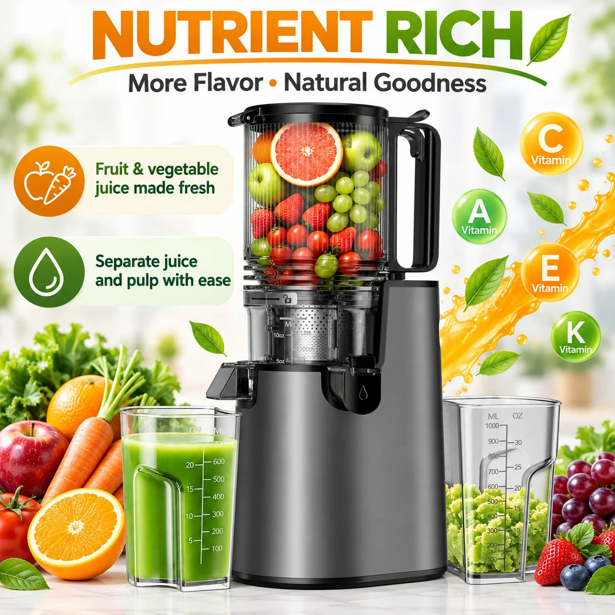 Cold Press Slow Masticating Juicer for Whole Fruits and Vegetables