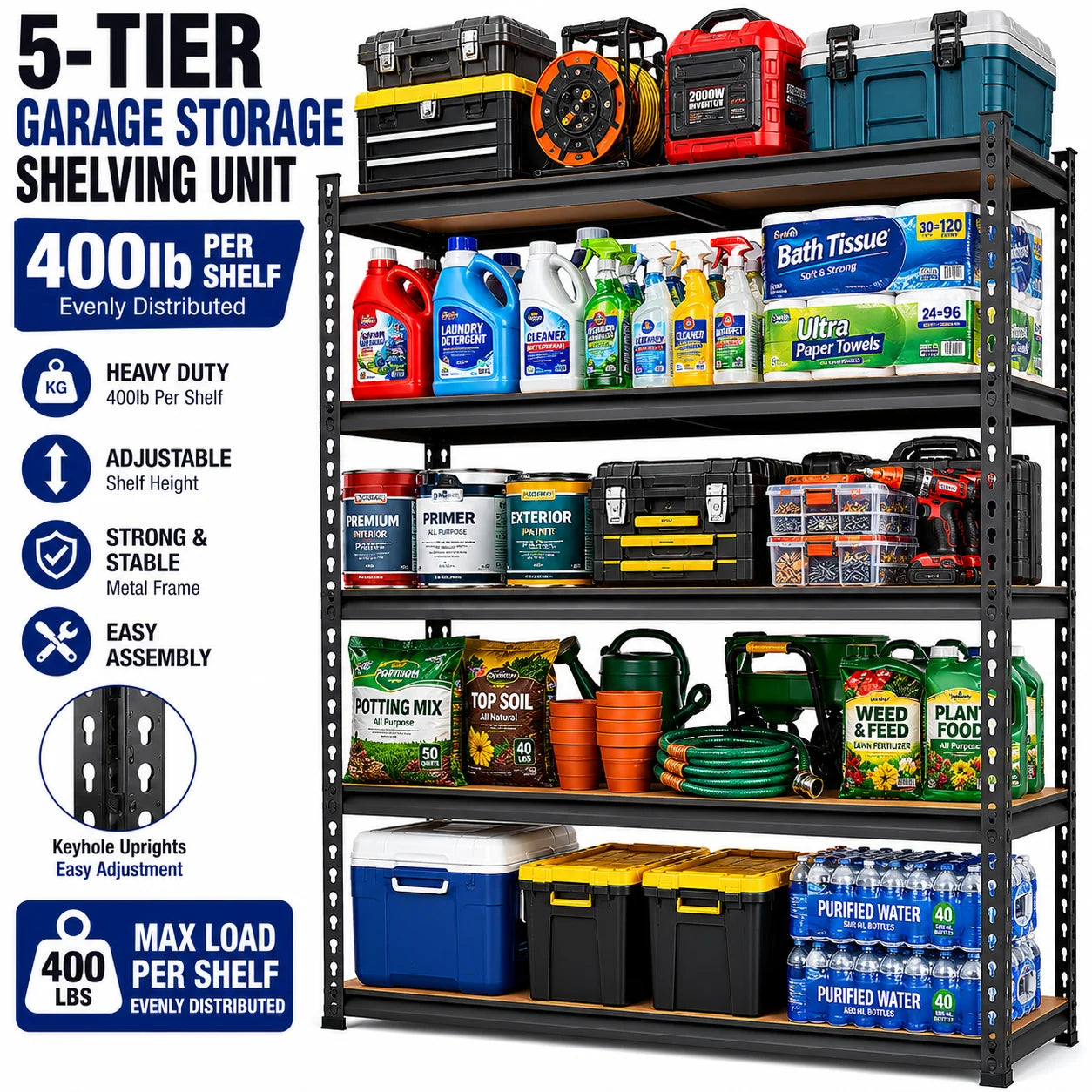 5-Tier Garage Storage Shelving Unit With Adjustable Metal Racks And MDF Shelves