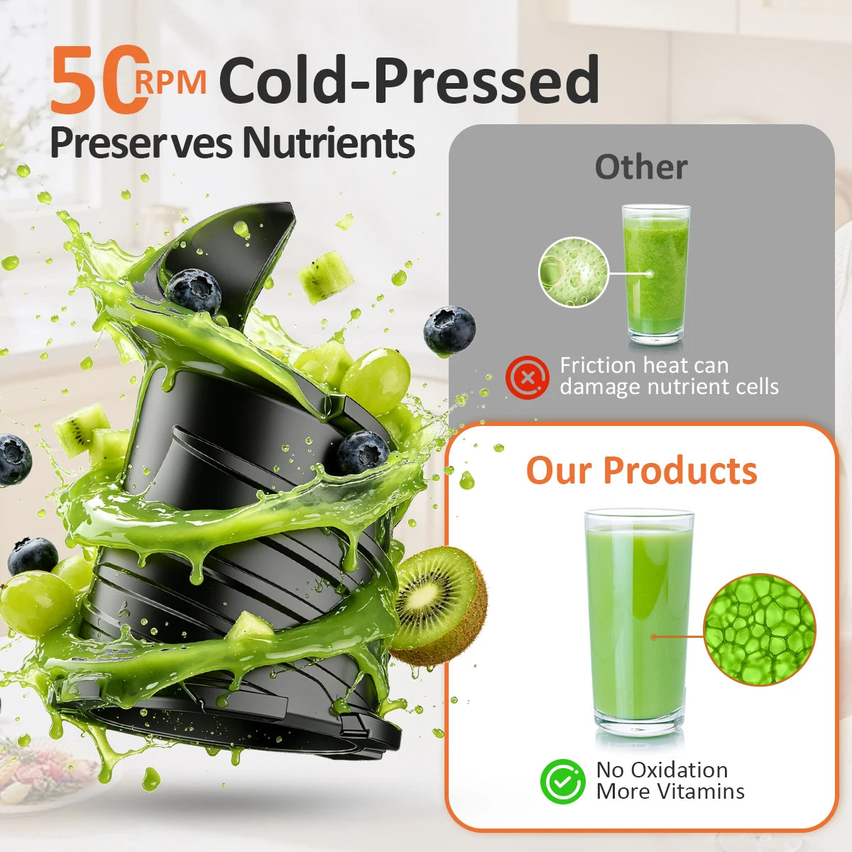 Cold Press Slow Masticating Juicer for Whole Fruits and Vegetables