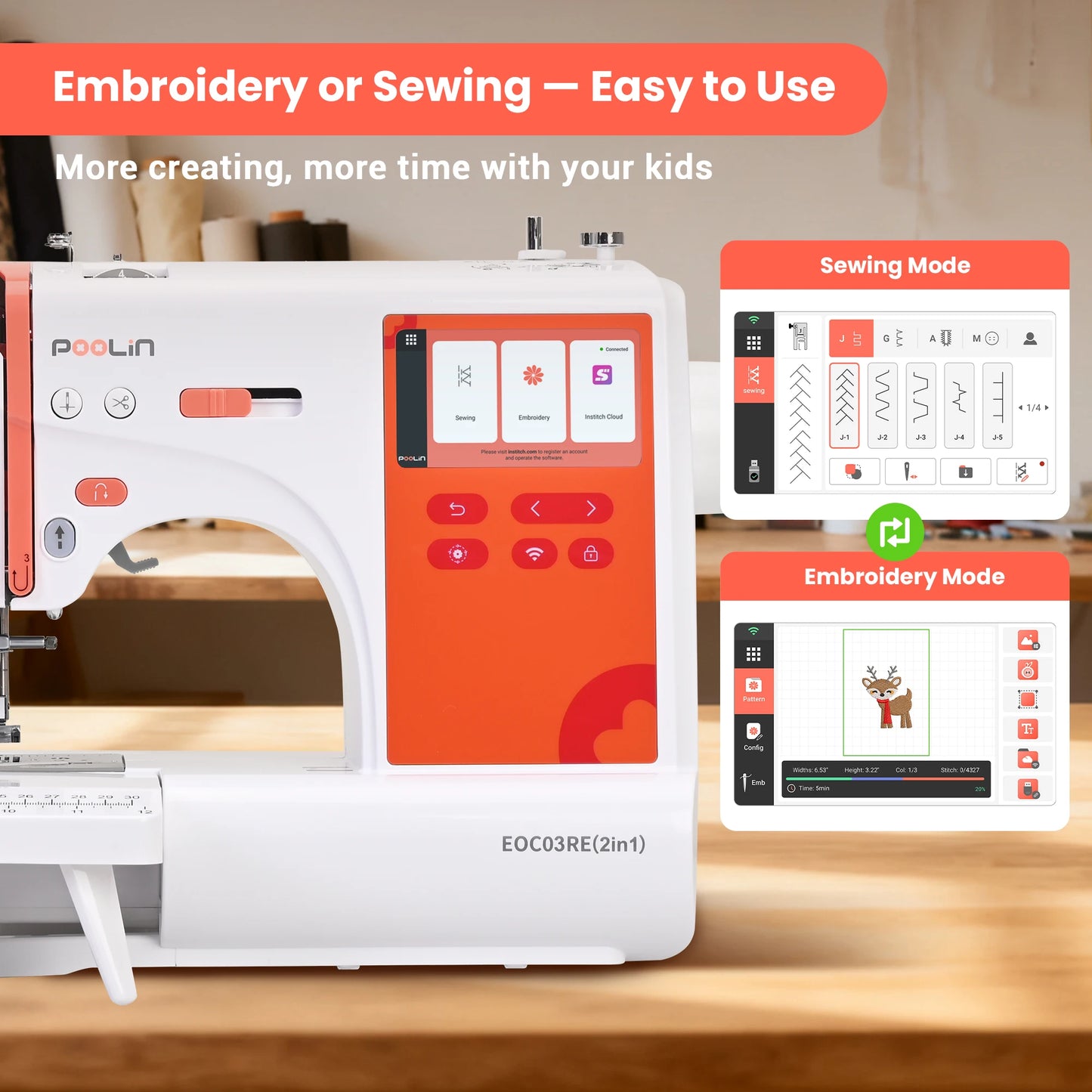 Poolin EOC03RE 2in1 Computerized Sewing And Embroidery Machine