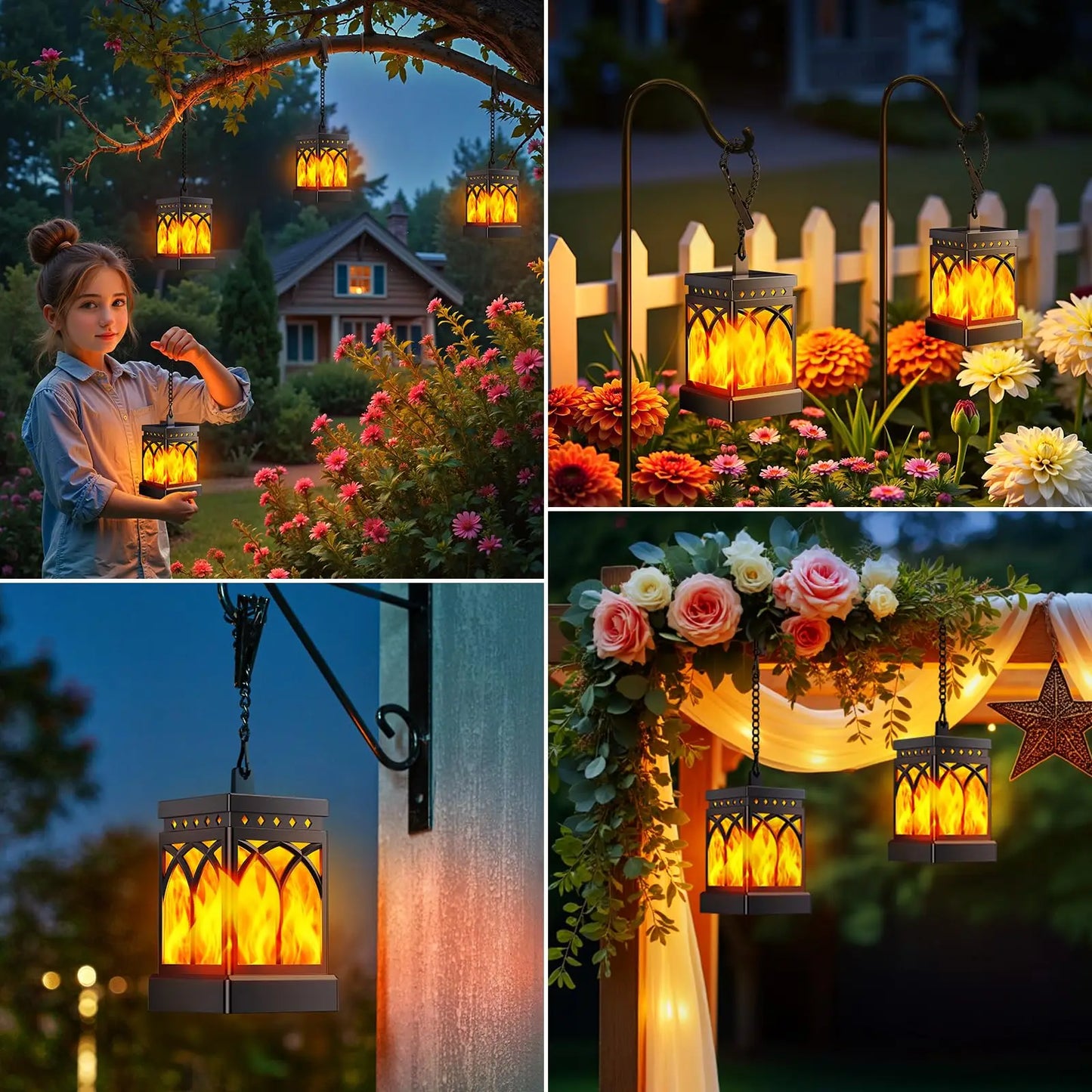 Outdoor Solar Lanterns Waterproof LED Hanging Lights Two Modes Auto On