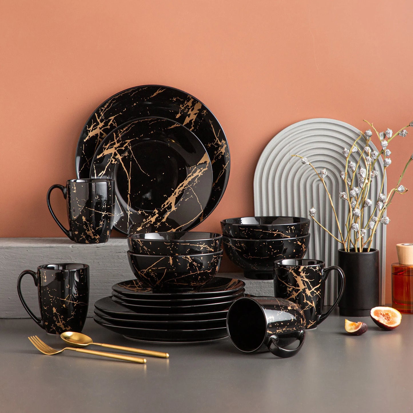 Malacasa Porcelain Dinnerware Set With Gold Splash Accent