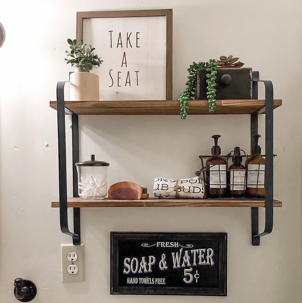 Rustic Industrial Pipe Wall Mounted Wooden Floating Storage Shelf