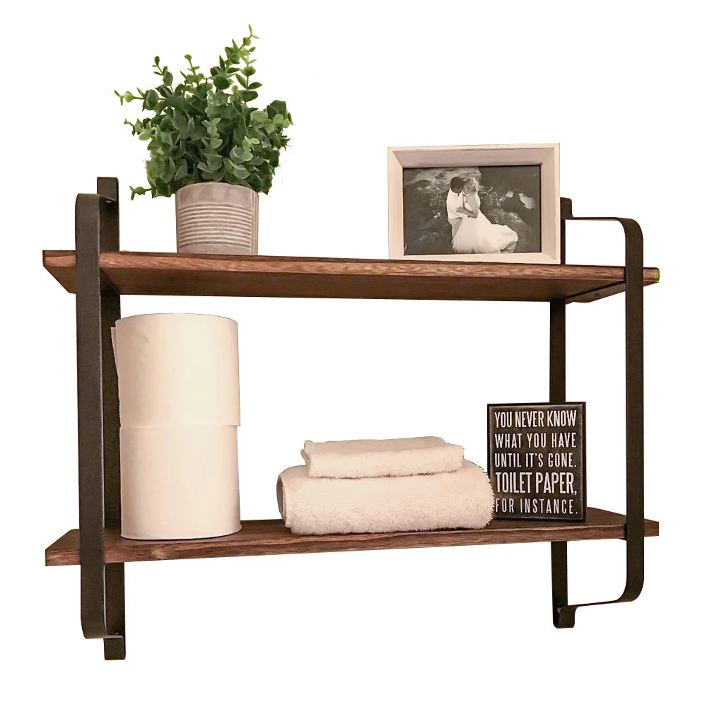 Rustic Industrial Pipe Wall Mounted Wooden Floating Storage Shelf