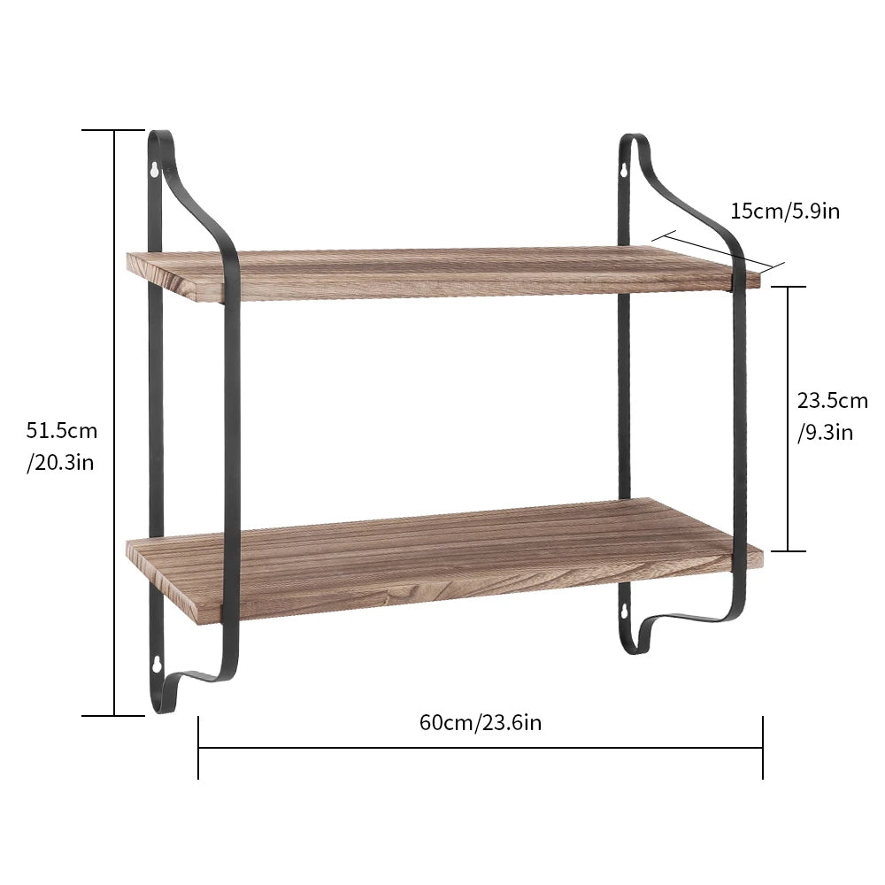 Rustic Industrial Pipe Wall Mounted Wooden Floating Storage Shelf