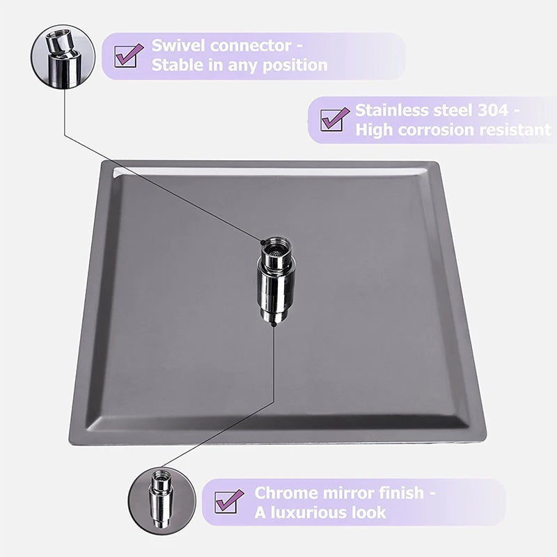 Shower Head Stainless Steel Rainfall Square Ultra Thin Adjustable