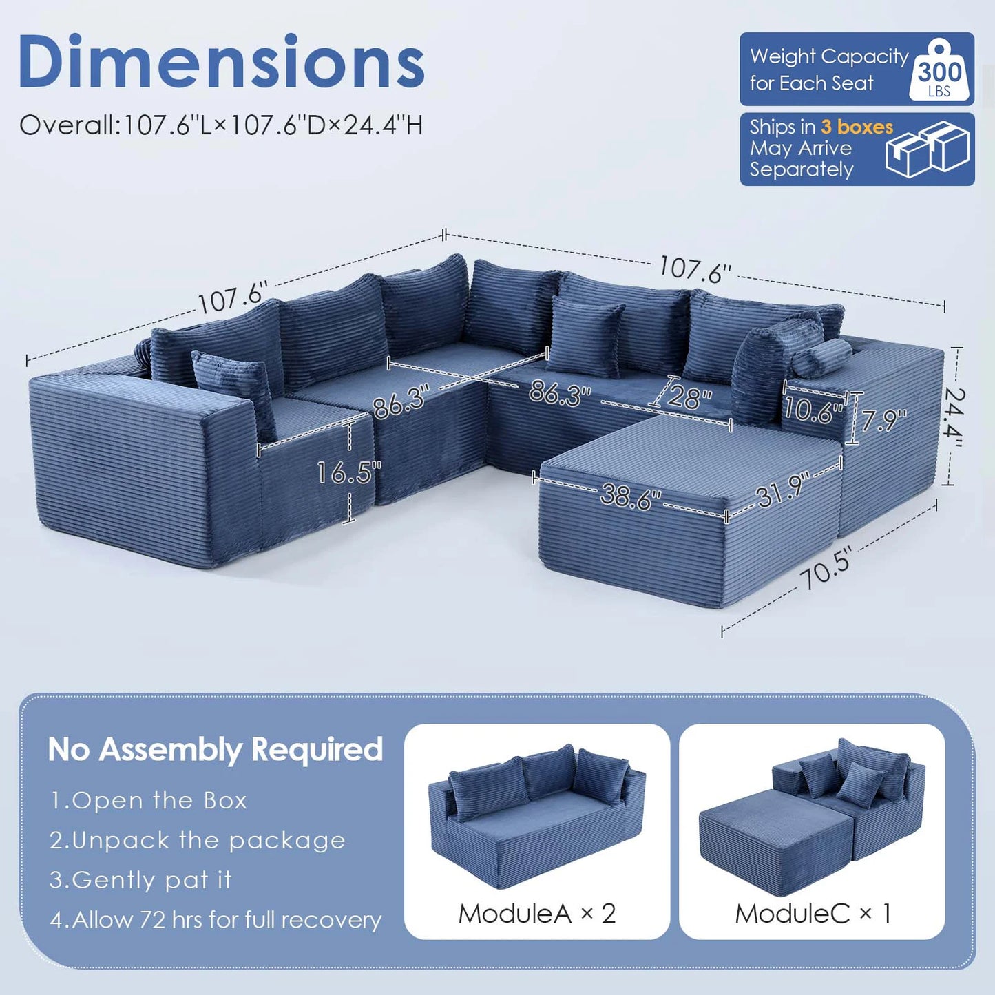 Redlife Modular Sectional Sofa With Ottoman Corduroy Upholstery