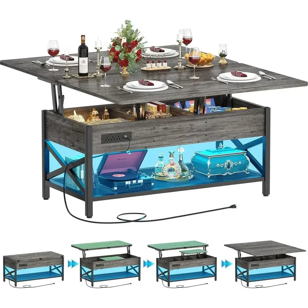 Coffee Table With Lit Top Converts To Dining Table LED Power Outlet