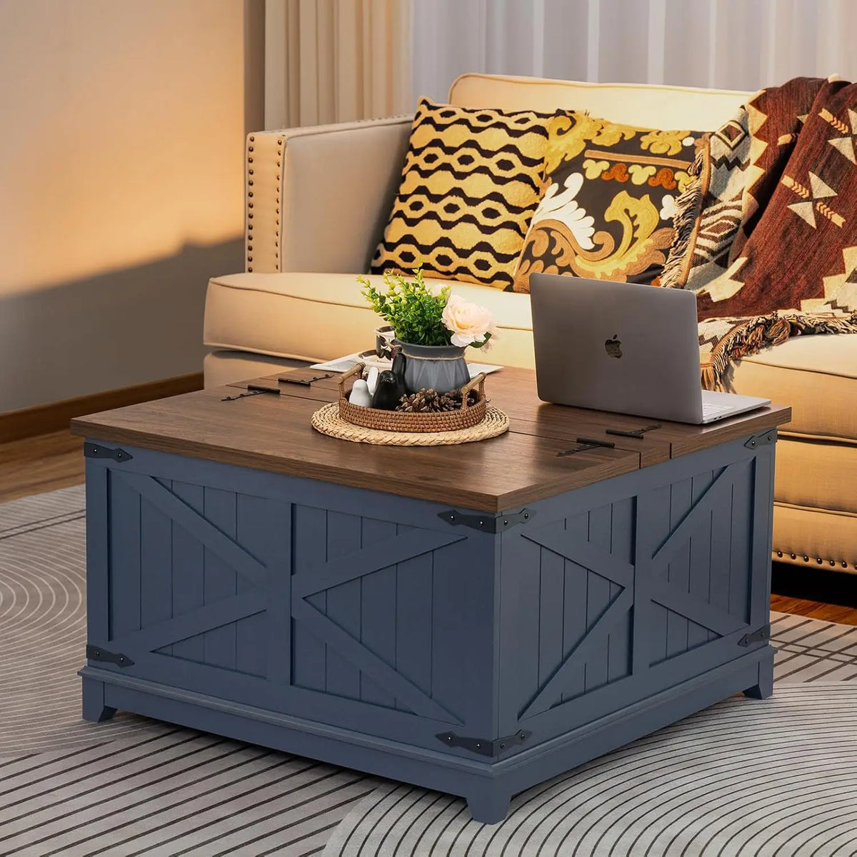 Farmhouse Coffee Table Set with Glass Barn Door Storage
